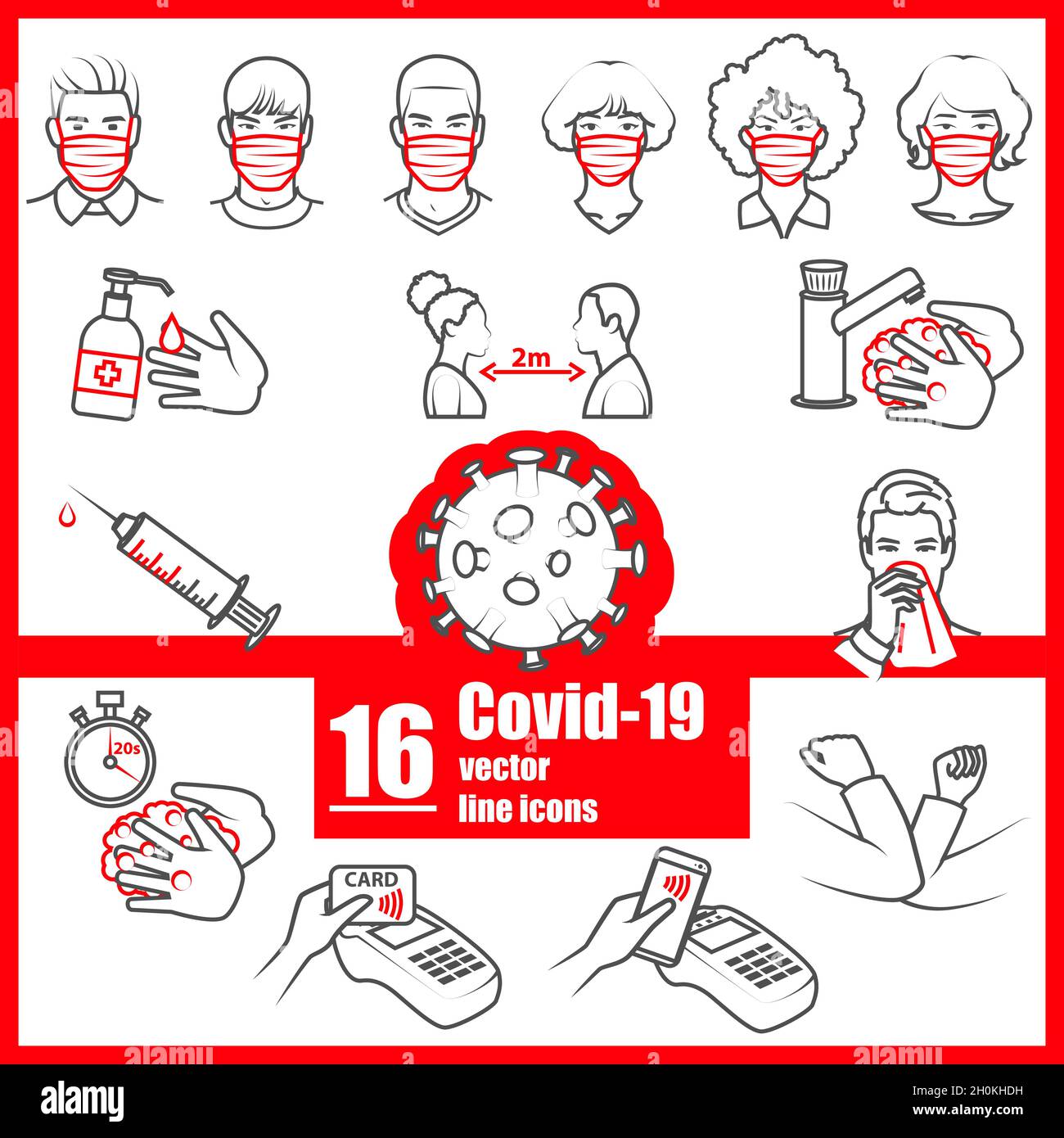 Icone delle linee vettoriali - Codice-19 regole di sicurezza e prevenzione impostate Illustrazione Vettoriale