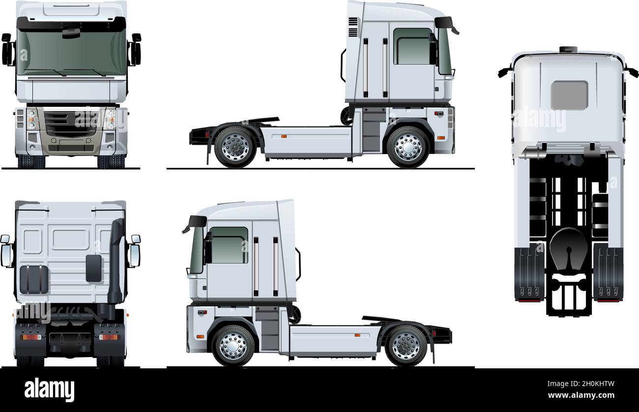 Modello di semi-camion vettoriale isolato su bianco. Vista laterale, anteriore, posteriore, dall'alto. EPS-10 separato da gruppi e livelli per una facile modifica Illustrazione Vettoriale