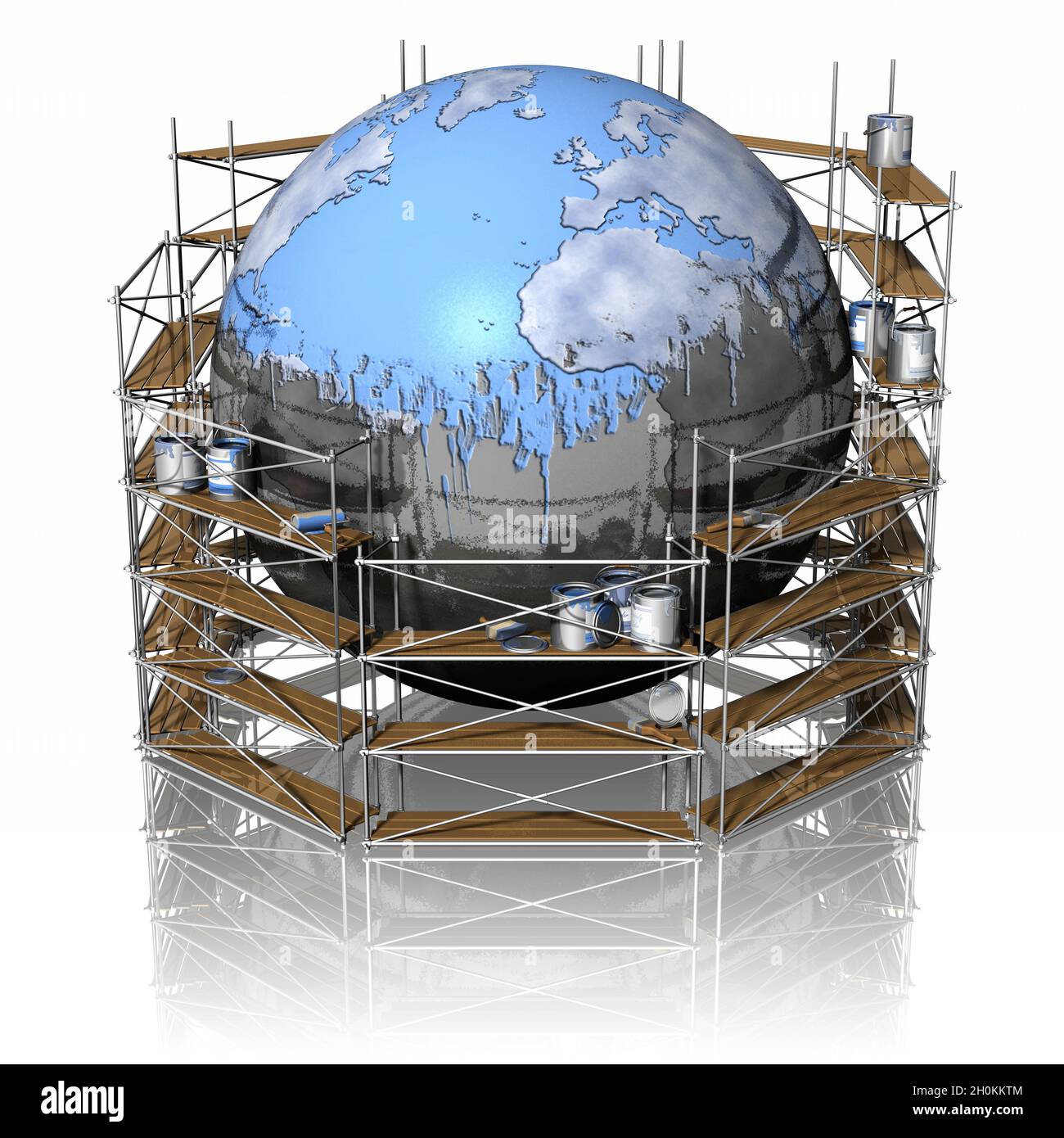Illustrazione 3D. Ristrutturazione e bonifica del globo terrestre. Foto Stock