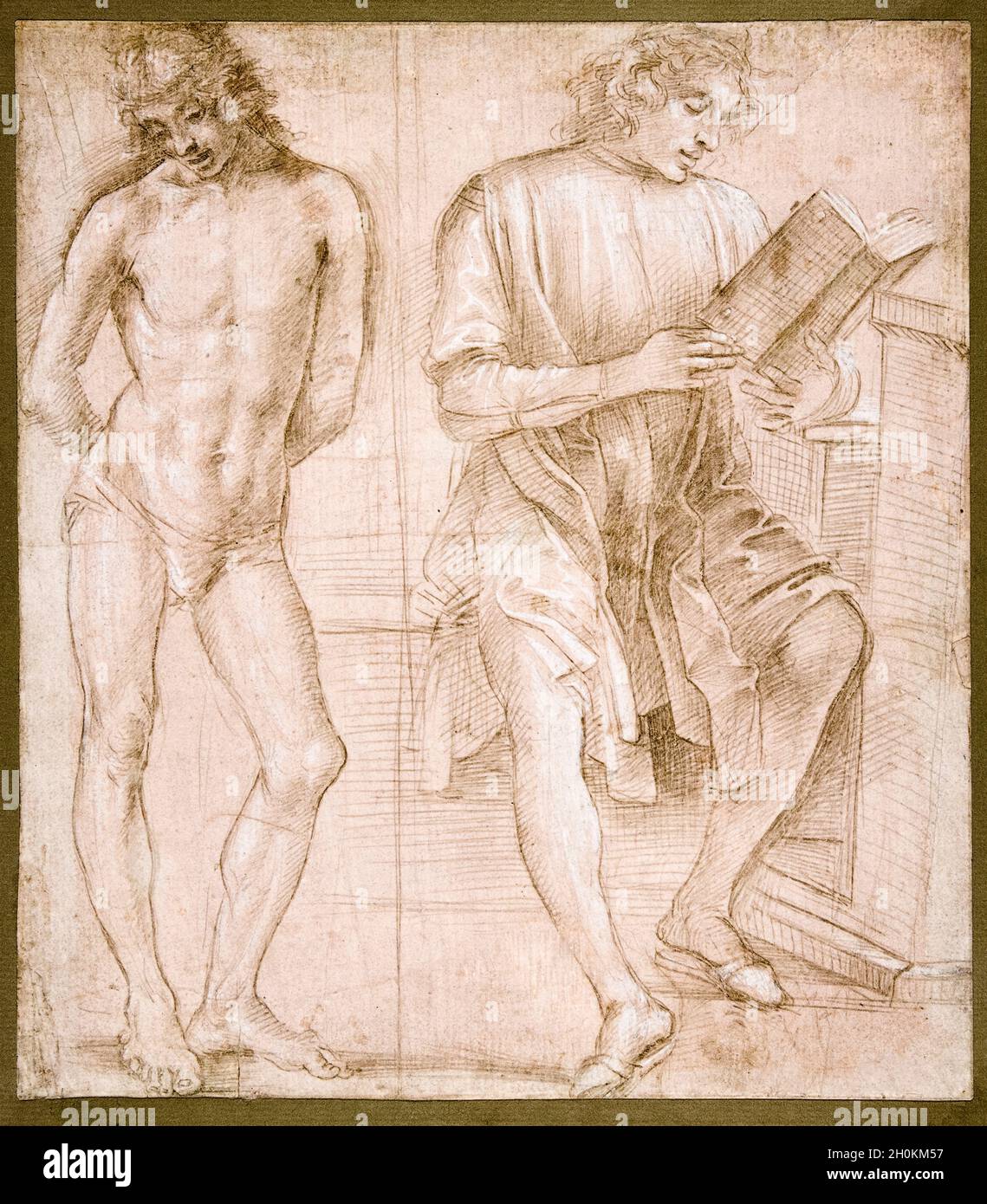 Filippino Lippi, giovani in piedi con le mani dietro la schiena e una lettura dei giovani seduti, disegno, 1457-1504 Foto Stock