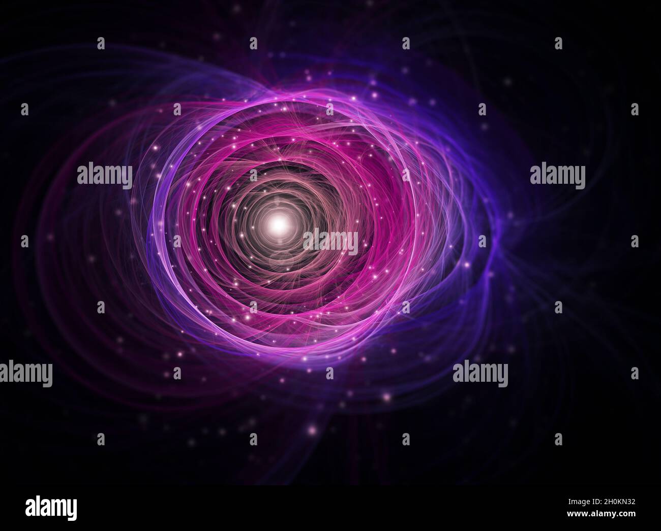 Un progetto quantistico di fantascienza di un portale fractal brillante. Con stelle fluttuanti su sfondo nero. Foto Stock