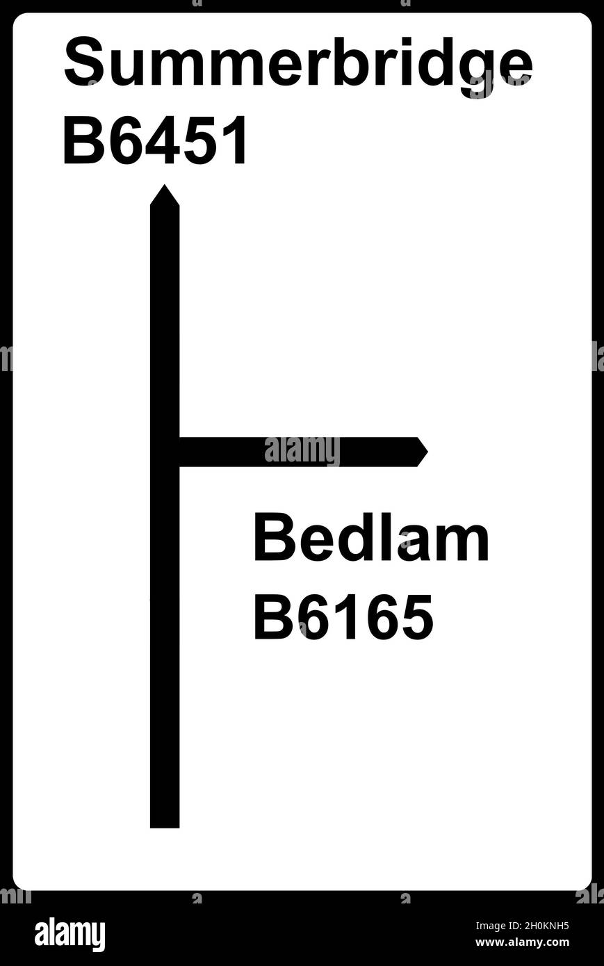 Segnale di incrocio non-Primary Road per Bedlam nel North Yorkshire Foto Stock
