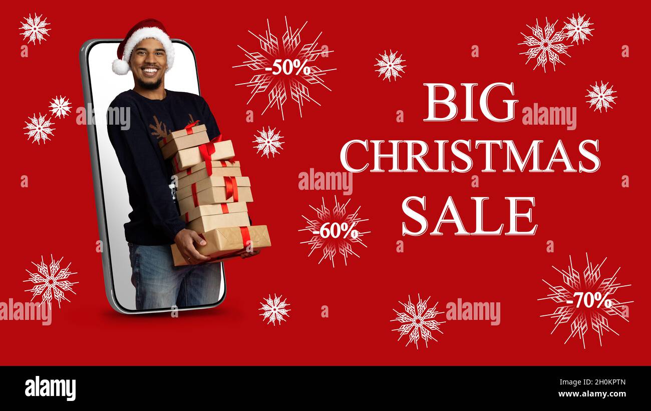 Felice ragazzo nero con regali di Natale in piedi in smartphone, collage Foto Stock