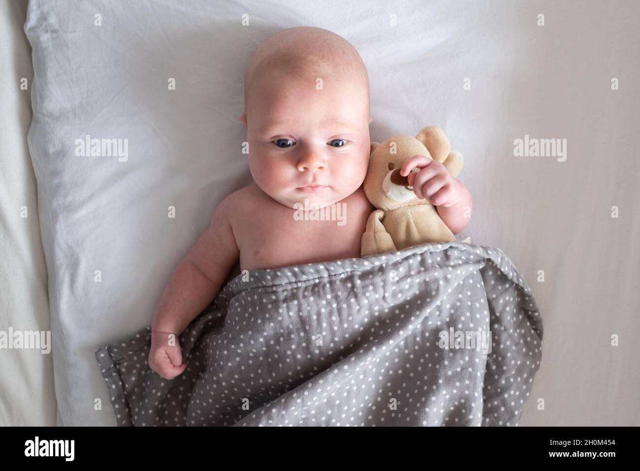 Bambino sorrise riposato a letto con il suo orsacchiotto. Foto Stock