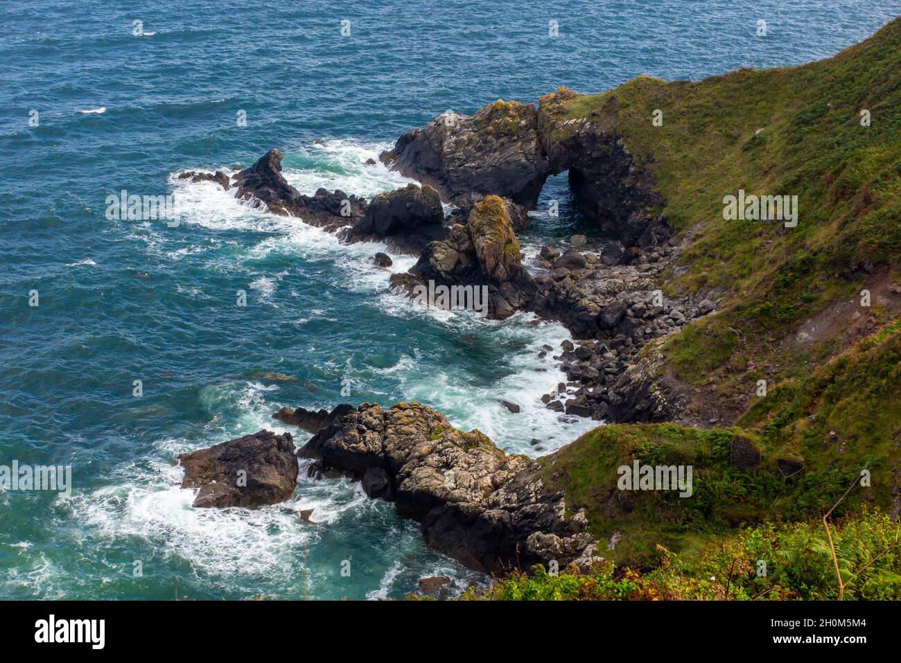 Arco di roccia e costa in estate sul South West Coast Path a Lizard Point nel sud della Cornovaglia Inghilterra Regno Unito. Foto Stock