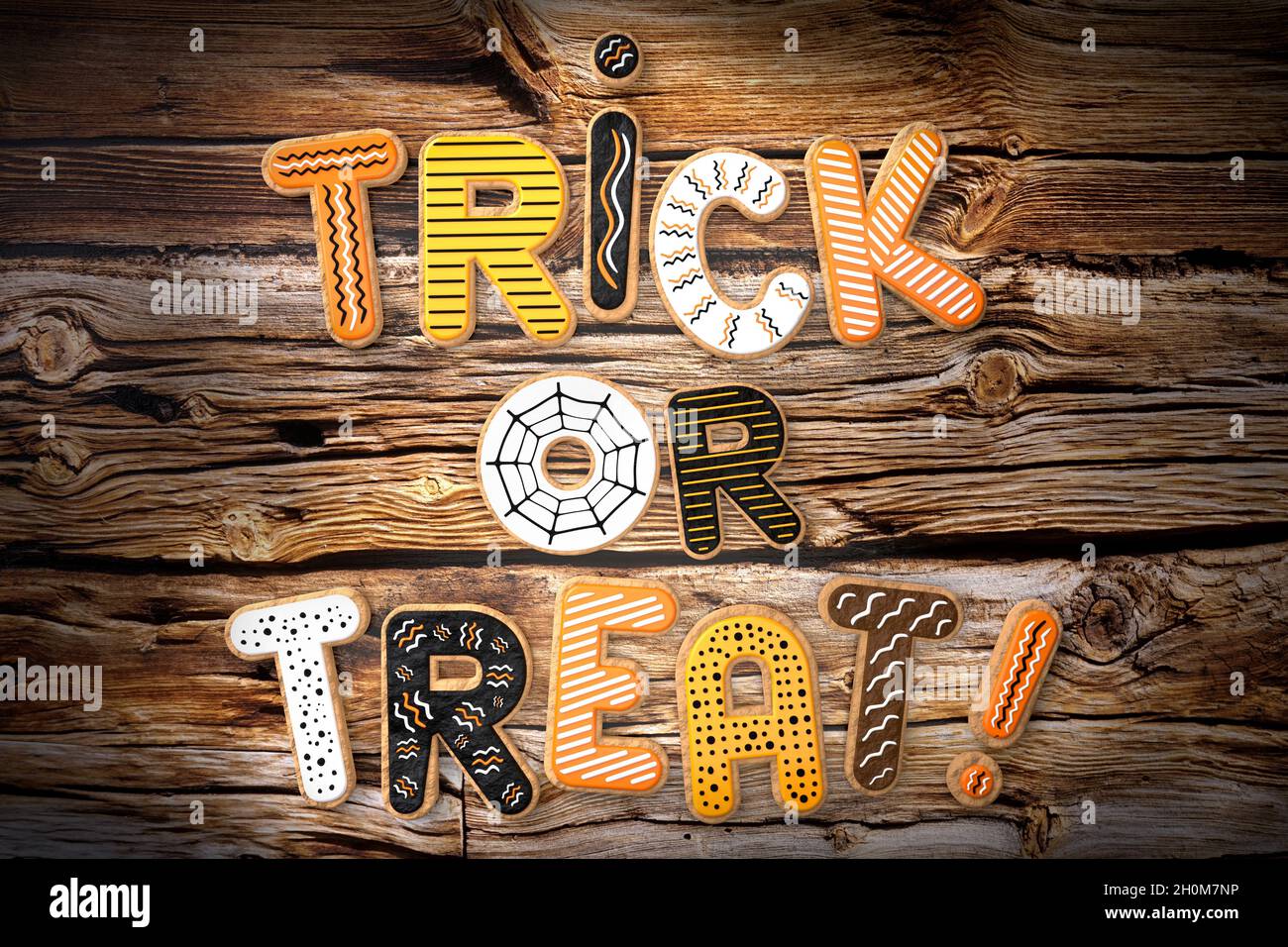 Trick o delizia! - biscotti di Halloween su sfondo di legno - illustrazione 3D Foto Stock