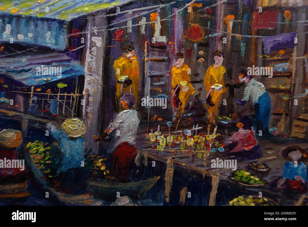 Pittura d'arte colore dell'olio mercato galleggiante Tailandese terra, campagna Foto Stock