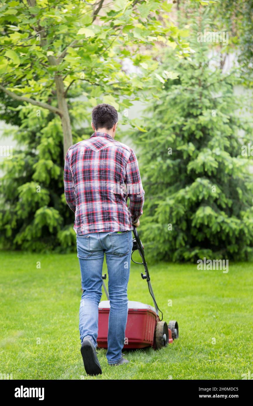 Vista posteriore del bel giovane uomo che tagliano l'erba con il rasaerba elettrico in cortile in primavera Foto Stock