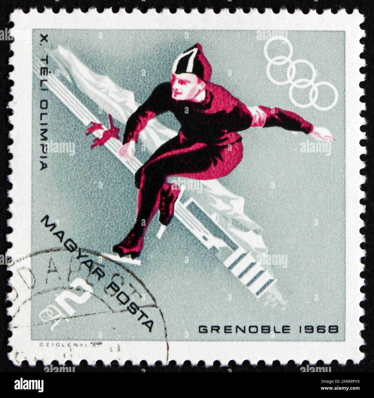 UNGHERIA - CIRCA 1968: Un francobollo stampato in Ungheria mostra Speed Skating, Sport invernali, 10 Giochi Olimpici invernali, Grenoble, circa 1968 Foto Stock