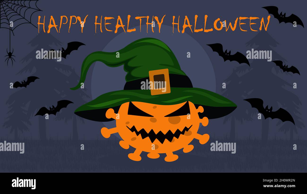 Poster a tema Halloween Covid 19, sfondo notturno con pipistrelli creepy, ragno e illustrazione di zucca virus. Biglietto di auguri festa di Halloween. Foto Stock