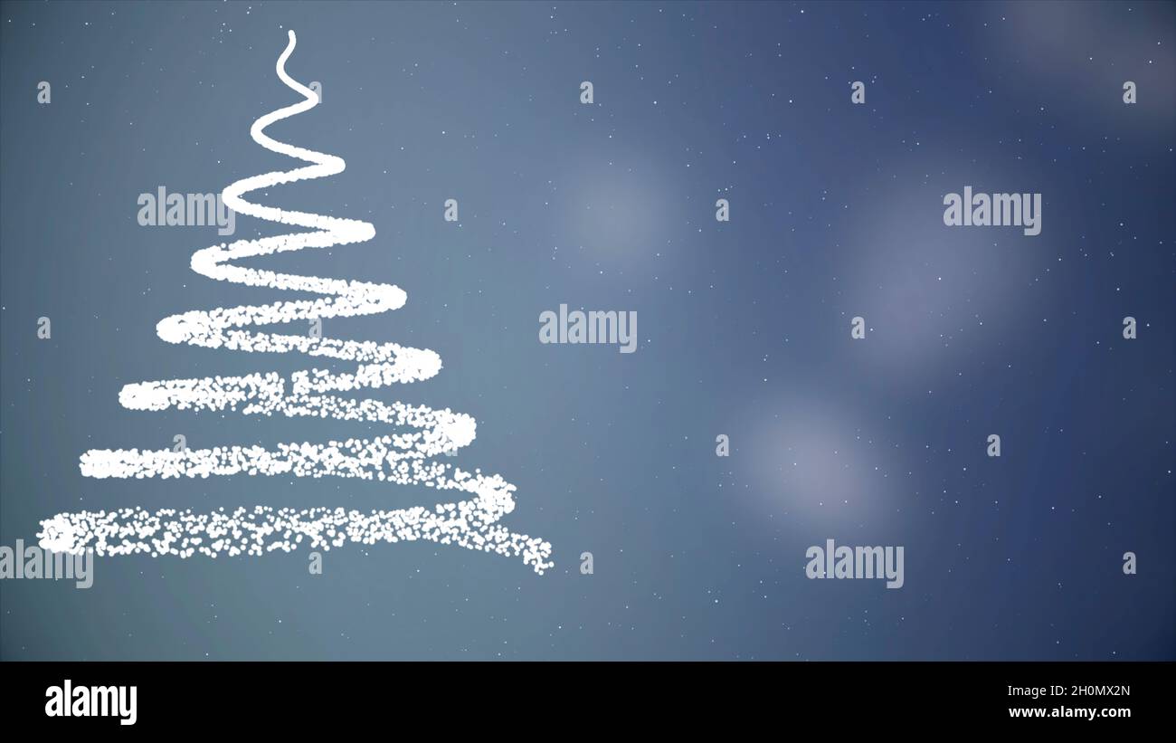 Albero di Natale animato con fiocchi di neve cadenti su sfondo blu. Umore di Natale Foto Stock