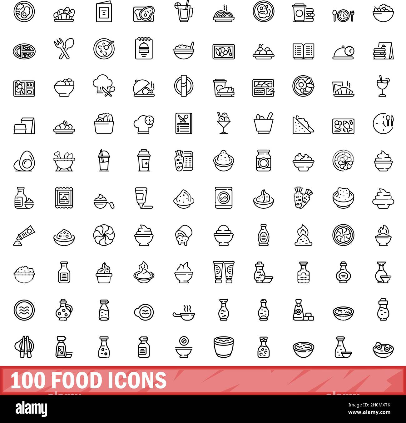100 icone alimentari impostate. Illustrazione del contorno di 100 icone di cibo vettore set isolato su sfondo bianco Illustrazione Vettoriale