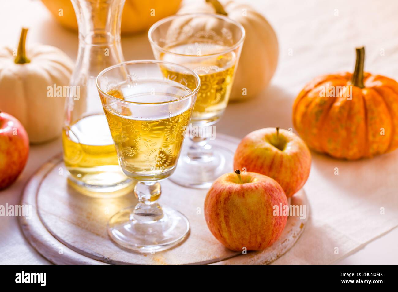 Sidro di mele con mele fresche e zucche per il Ringraziamento e l'autunno Foto Stock