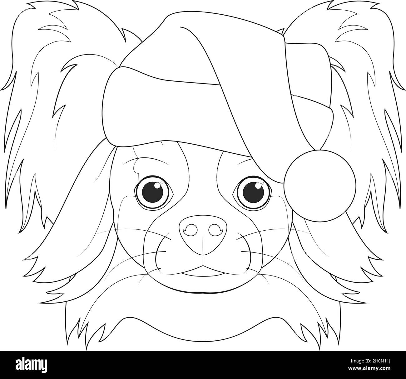 Biglietto di auguri di Natale per la colorazione. Papillon cane con cappello di Babbo Natale Illustrazione Vettoriale