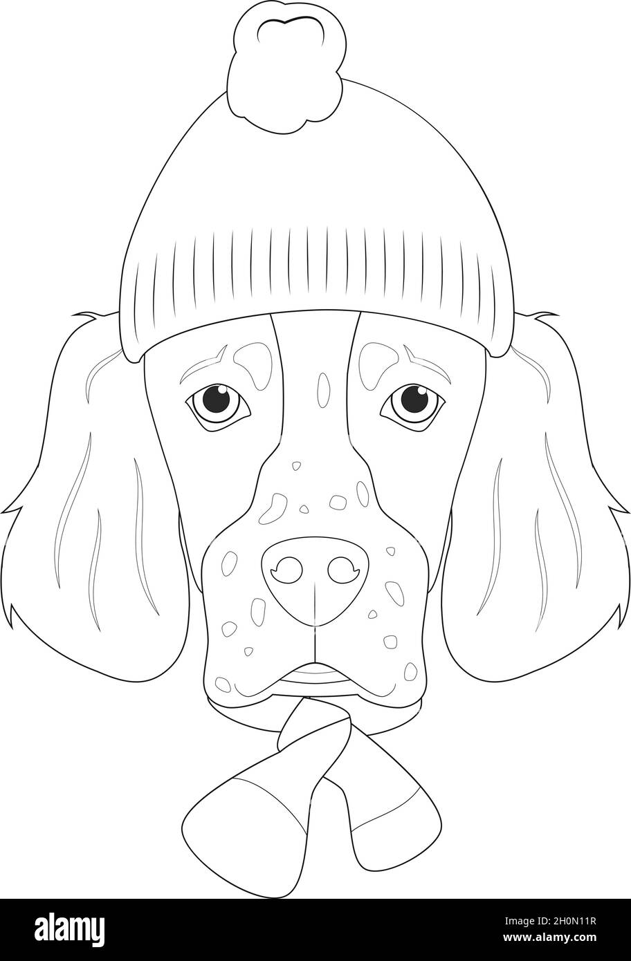 Biglietto di auguri di Natale per la colorazione. Inglese cane Setter che indossa un berretto di lana e una sciarpa di lana per l'inverno Illustrazione Vettoriale