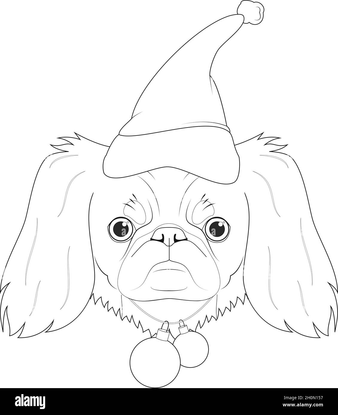 Biglietto di auguri di Natale per la colorazione. Cane pekingese con cappello di Babbo Natale e palline giocattolo di Natale Illustrazione Vettoriale