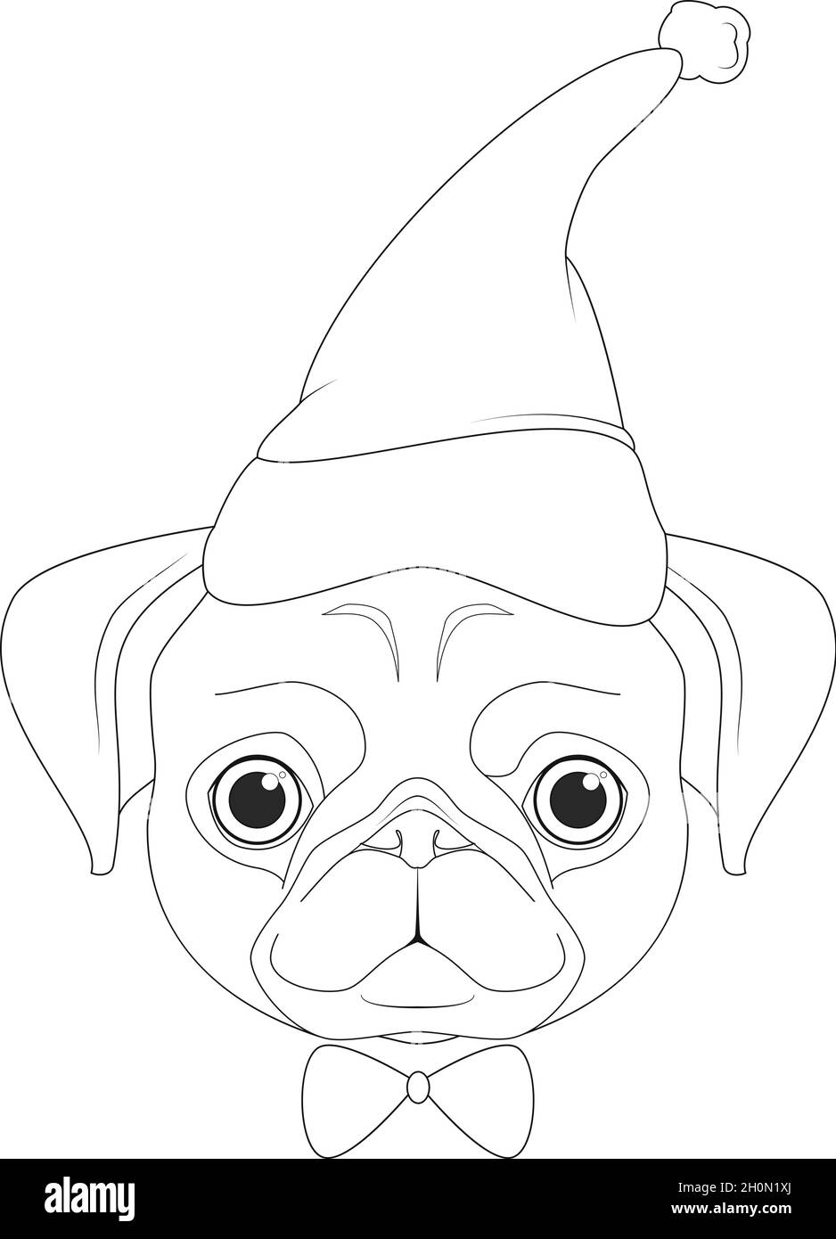 Biglietto di auguri di Natale per la colorazione. Cane PUG con cappello di Babbo Natale Illustrazione Vettoriale