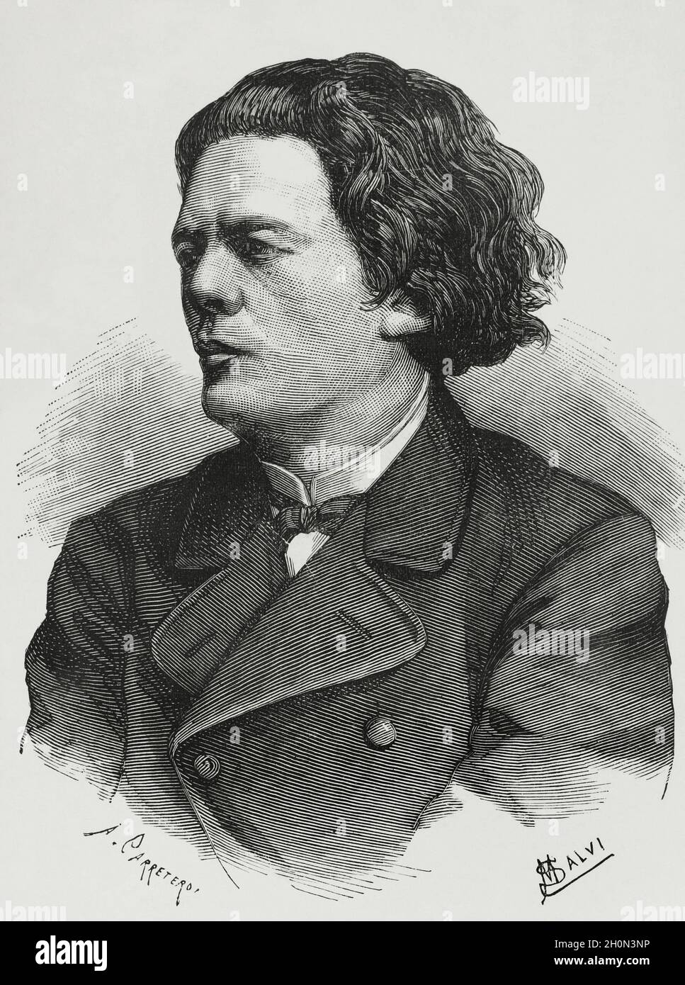 Anton Rubinstein (1829-1894). Compositore e pianista russo. Verticale. Illustrazione di Salvi. Incisione di Carretero. La Ilustracion Española y America Foto Stock