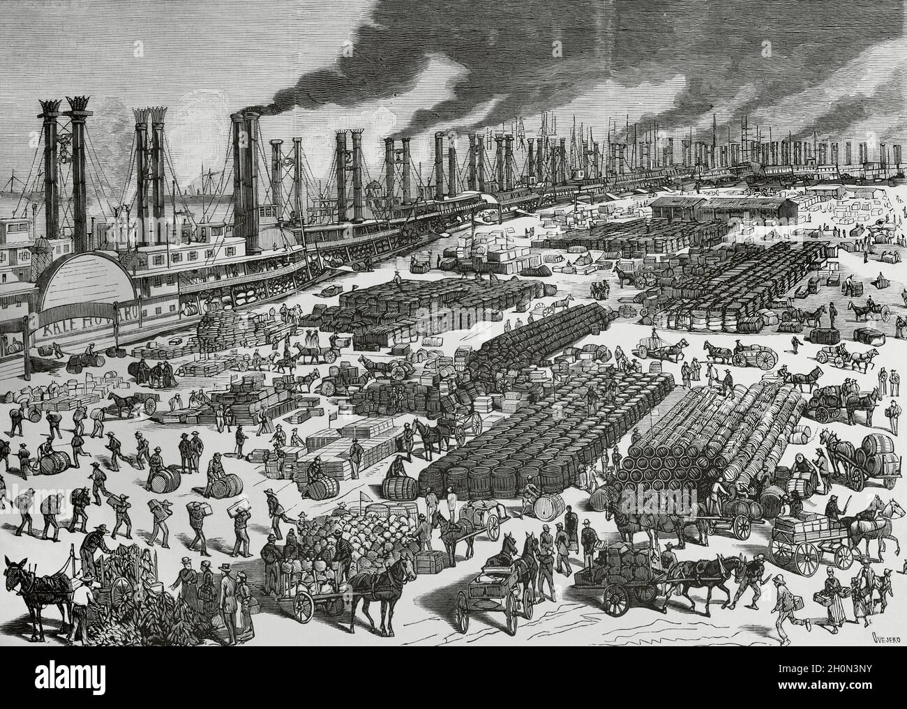 Stati Uniti d'America. Movimento commerciale e aspetto del molo della città di New Orleans. Incisione di Ovejero. La Ilustracion Española y americana, Foto Stock