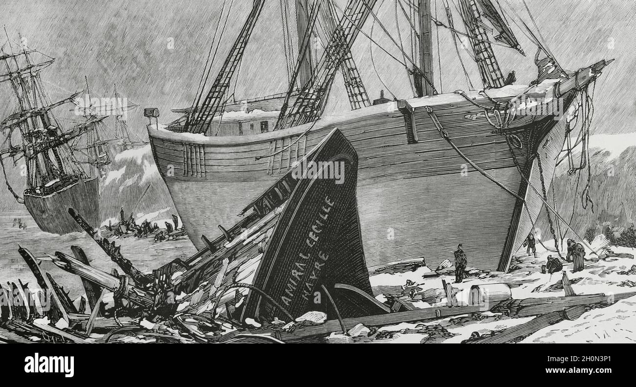 Regno Unito, Galles, Cardiff. Navi bloccate sulla costa, a seguito dell'uragano, il 13 gennaio 1881. Incisione di Tomás Carlos Capuz (183 Foto Stock