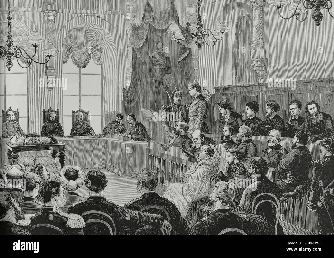 Russia, San Pietroburgo. Processo dei nichilisti che uccisero lo zar Alessandro II il 13 marzo 1881. I terroristi Nikolai Kibalchich, Sophia Perovskaya, Foto Stock