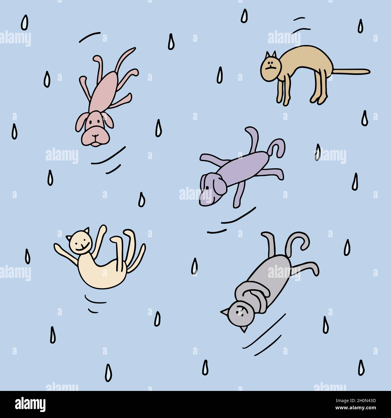 Piovendo gatti e cani. Espressione idiomatica. Idioma metaforico. Illustrazione Vettoriale