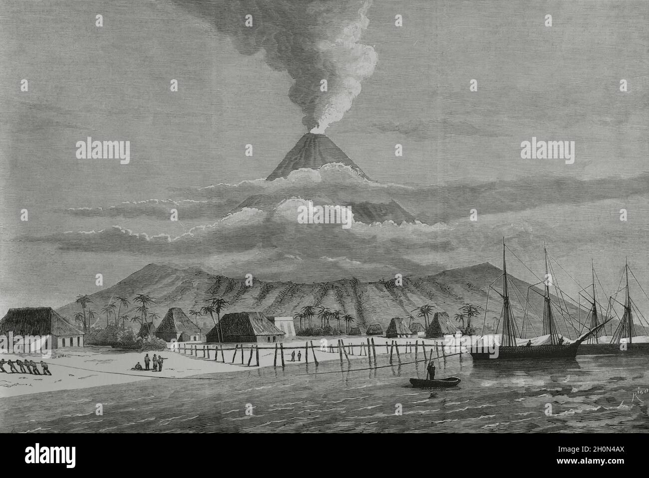 Isole Filippine, provincia di Albay, Isola di Luzon. Vulcano Mayon o Monte Mayon. Il vulcano più attivo delle Filippine. Incisione di Bernard Foto Stock