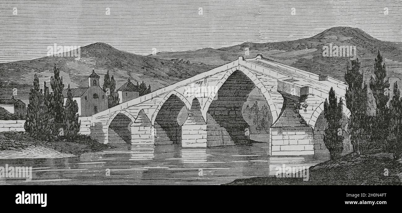 Spagna, Galizia, Orense. Ponte sul fiume Miño. Illustrazione di Miranda. Incisione di Sierra. Cronica Generale de España. Historia Ilustrada y Desc Foto Stock