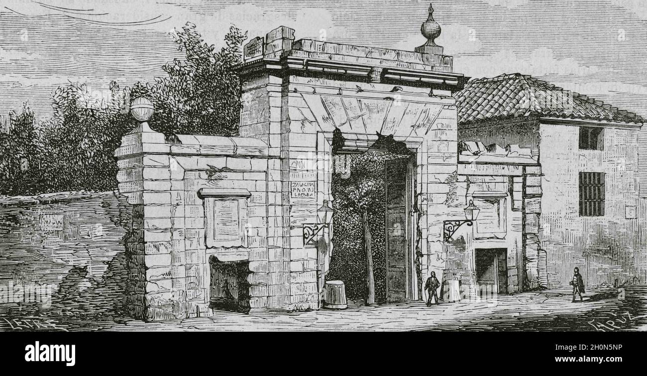Spagna, Aragona, Saragozza. Porta di nostra Signora di El Carmen, l'unica conservata delle mura della città antica. E 'stato costruito in stile neoclassico a. Foto Stock