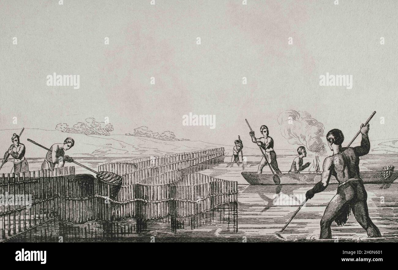 Stati Uniti d'America. Spedizione francese del XVI secolo. Florida. Seminoles Indiani pesca. Jacques le Moyne de Morgues (1533-1588) ha fatto l'illustre Foto Stock