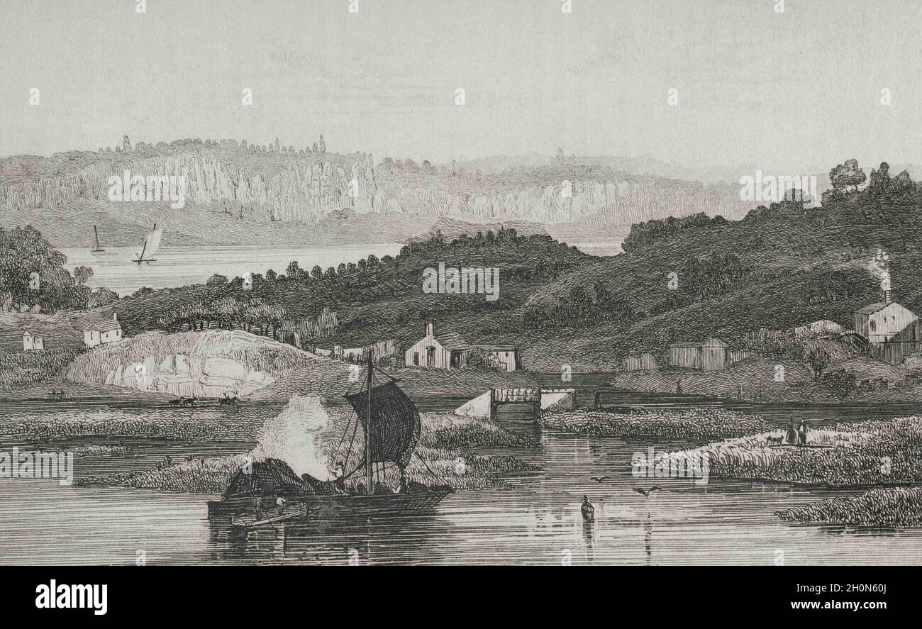 Stati Uniti d'America. Hudson River Palisades. Incisione di Milbert. Panorama universale. Storia degli Stati Uniti d'America, dalla prima edizione Foto Stock