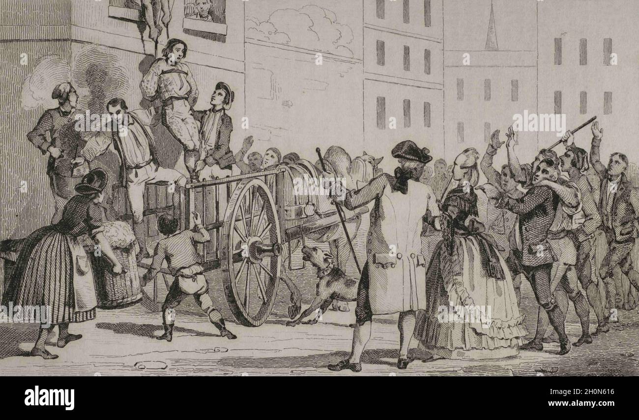 Storia degli Stati Uniti d'America, 18 ° secolo. Colonie britanniche in Nord America. Il lealista catturato e umiliato, essendo sfrangiato da un gruppo Foto Stock