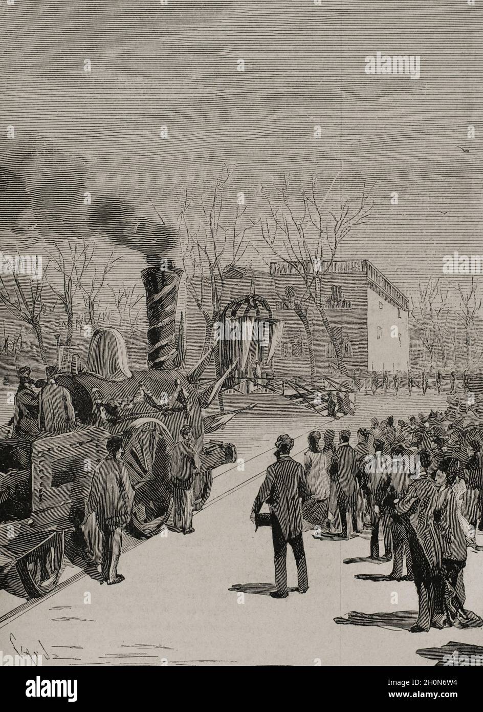 Storia dei trasporti, 19 ° secolo. Inaugurazione della Ferrovia della Francia a Gerona, il 20 gennaio 1878. Questa sezione collegava la linea generale della Catalogna con la linea francese di Perpignan. Messa e benedizione del primo treno alla stazione di Gerona. Incisione di Capuz. La Ilustración Española y americana, 1878. Foto Stock