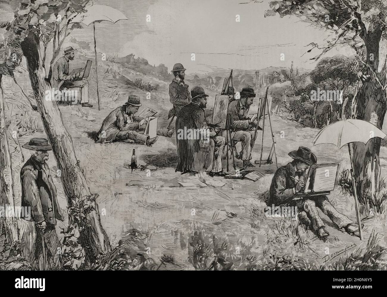 Storia della Spagna. Madrid. Gli oppositori della pensione di Roma praticano esercizi naturali nelle vicinanze del Ponte San Fernando. Disegno di Manuel Domínguez. Incisione. La Ilustración Española y americana, 1878. Foto Stock