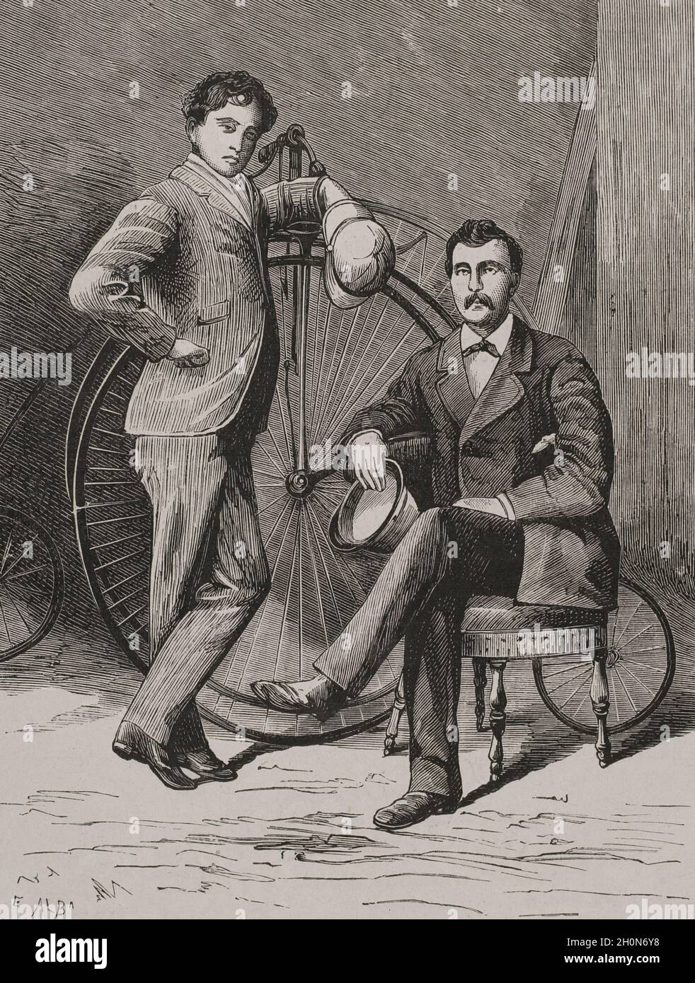 I velocipedisti Emmanuel de Graffenried e Albert Laumaillé (1848-1901) che hanno completato, in trentacinque giorni, un viaggio di andata e ritorno di mille leghe su un velocipede attraverso la Francia e l'Italia. Incisione di E. Alba. La Ilustración Española y americana, 1878. Foto Stock