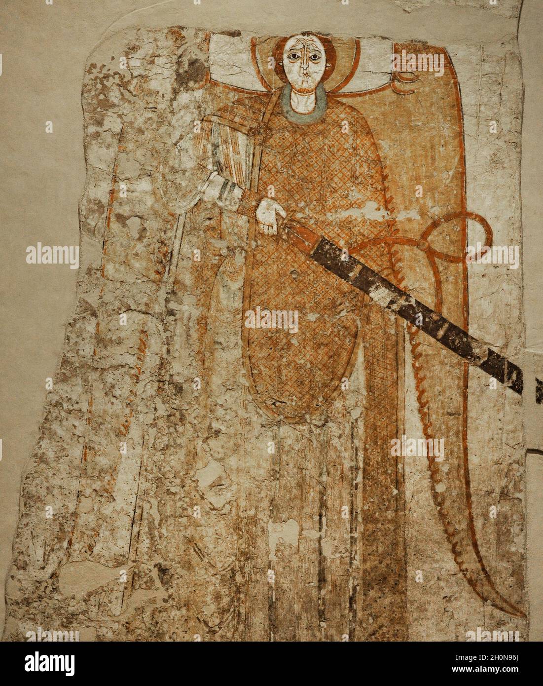 Affresco raffigurante un arcangelo con spada. Portico dell'ingresso sud. Cattedrale di Faras. secoli xii-xiii. Galleria Faras. Museo Nazionale. Guerra Foto Stock
