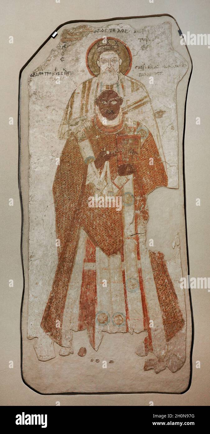 Affresco raffigurante il Vescovo Petros con San Pietro apostolo. 975-999. Cappella dei Vescovi. Cattedrale di Faras (Sudan). Galleria Faras. Museo Nazionale. Guerre Foto Stock