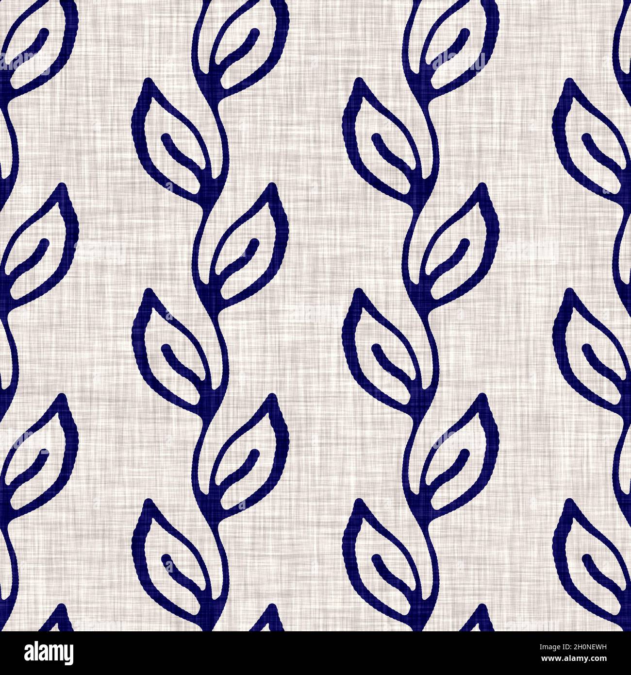 Indigo blu fogliame blocco stampa tinto lino texture sfondo. Ripetizione batik tessuto giapponese senza cuciture. Sfocatura floreale organica stressata Foto Stock