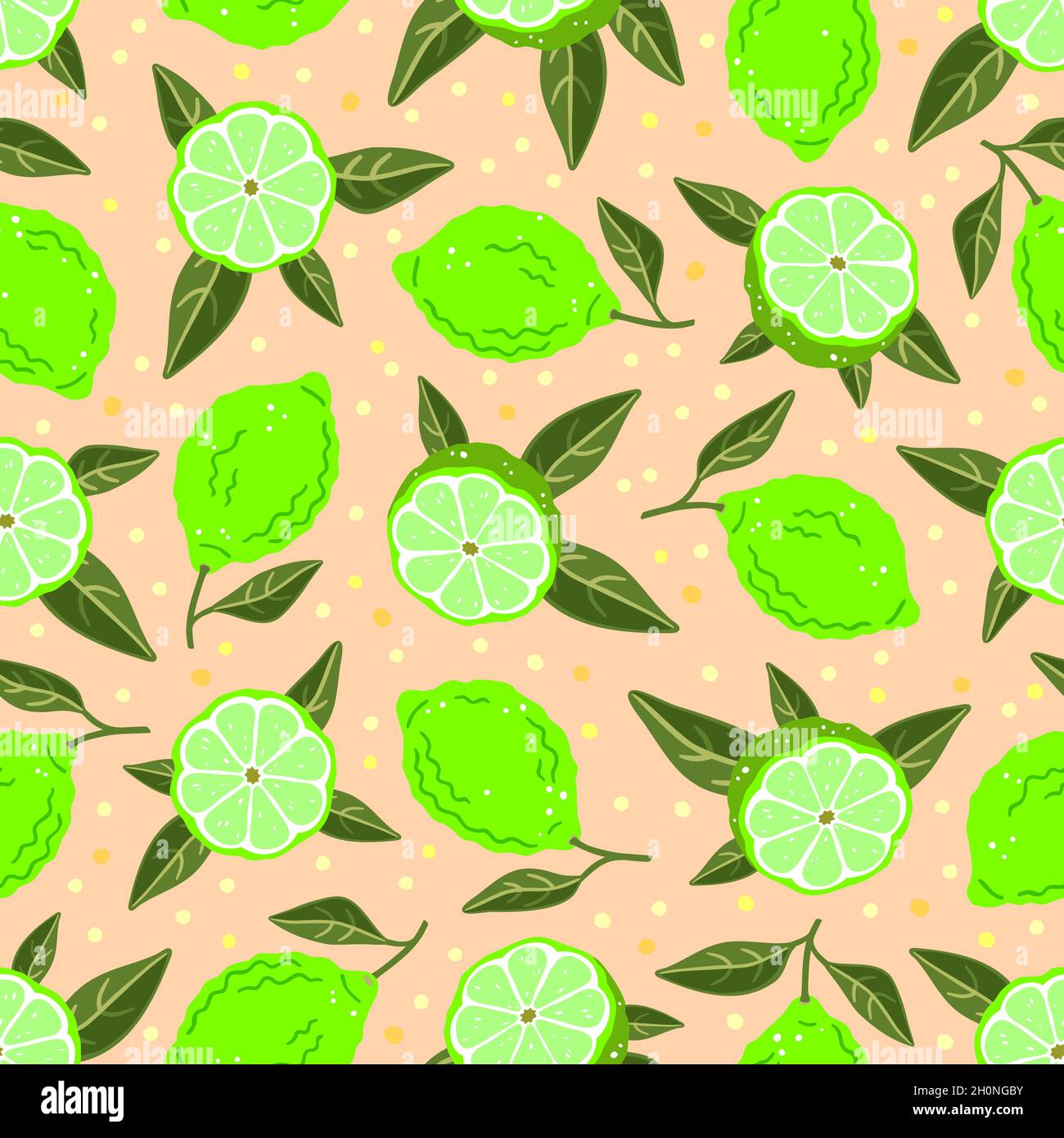 Limes e foglie su sfondo rosa. Pattern vettoriale senza giunture Illustrazione Vettoriale