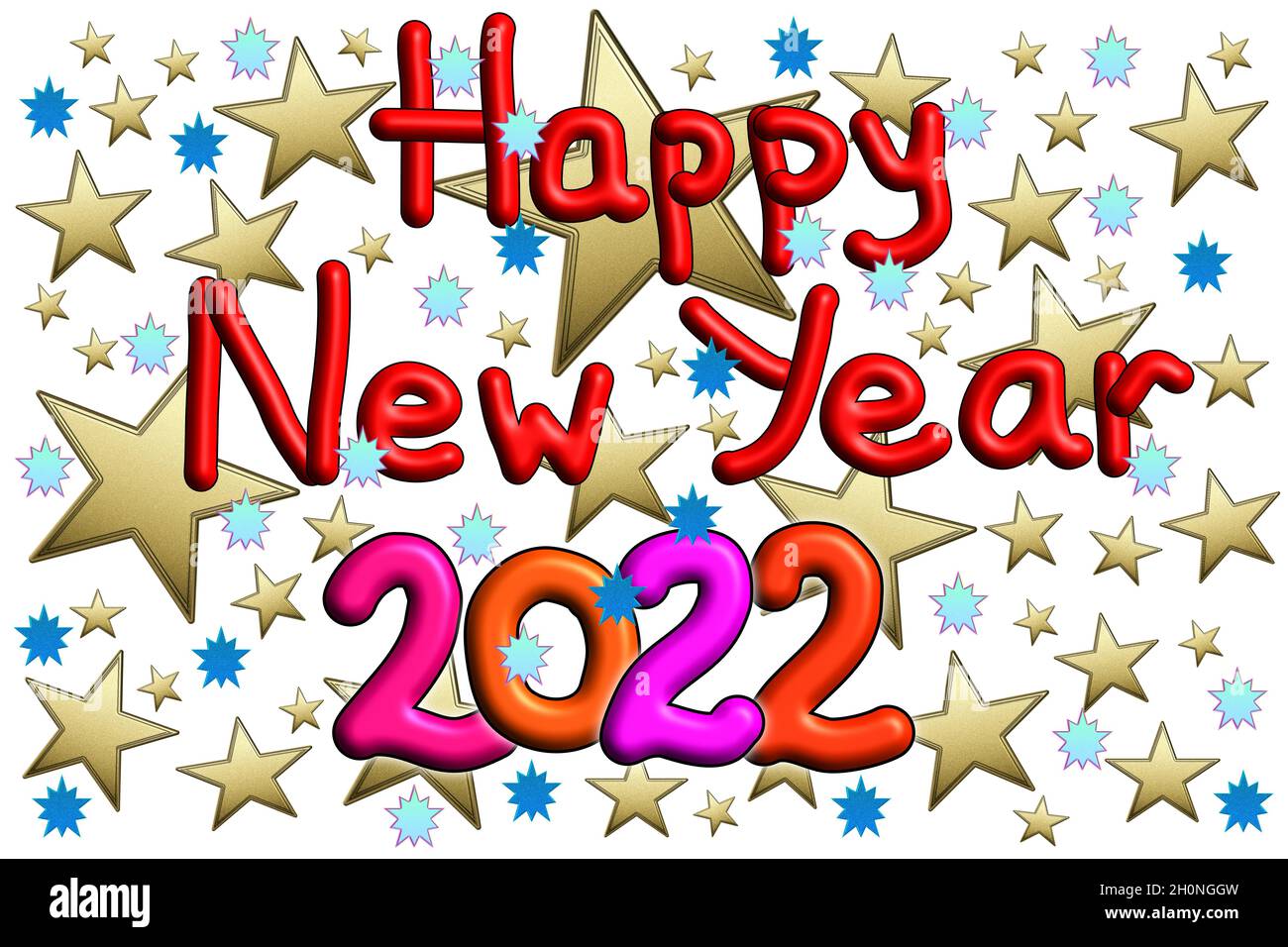 Felice anno nuovo 2022, colorato anno data illustrazione 3D su sfondo bianco con stelle oro e blu Foto Stock