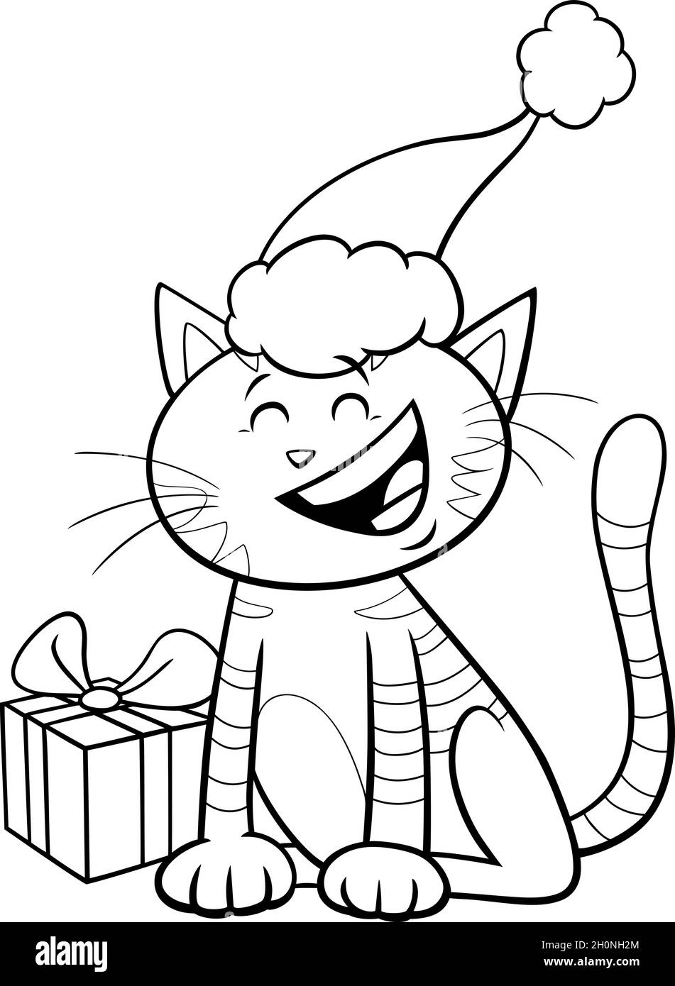 Illustrazione cartoon in bianco e nero di gatto o gattino personaggio animale con regalo sulla pagina libro colorazione tempo di Natale Illustrazione Vettoriale
