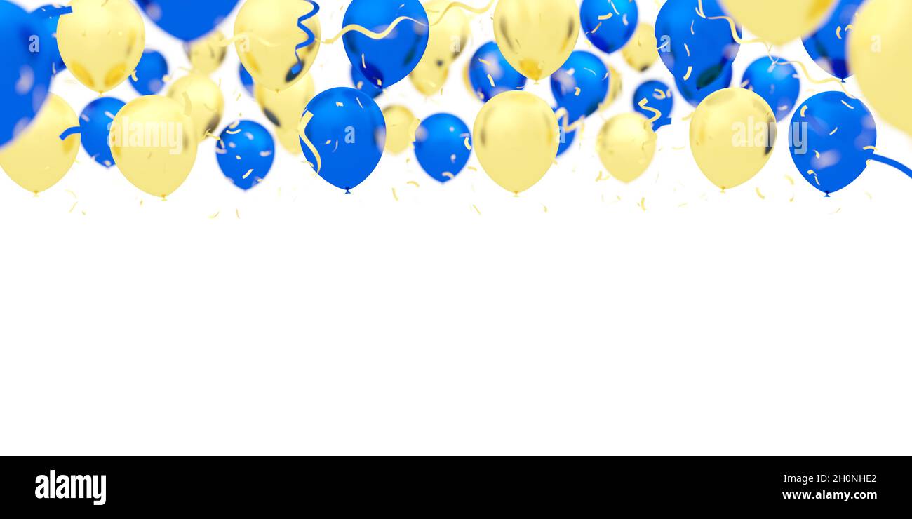 Palloncini blu e oro isolati su sfondo bianco. Profondità di campo poco profonda. illustrazione 3d. Foto Stock