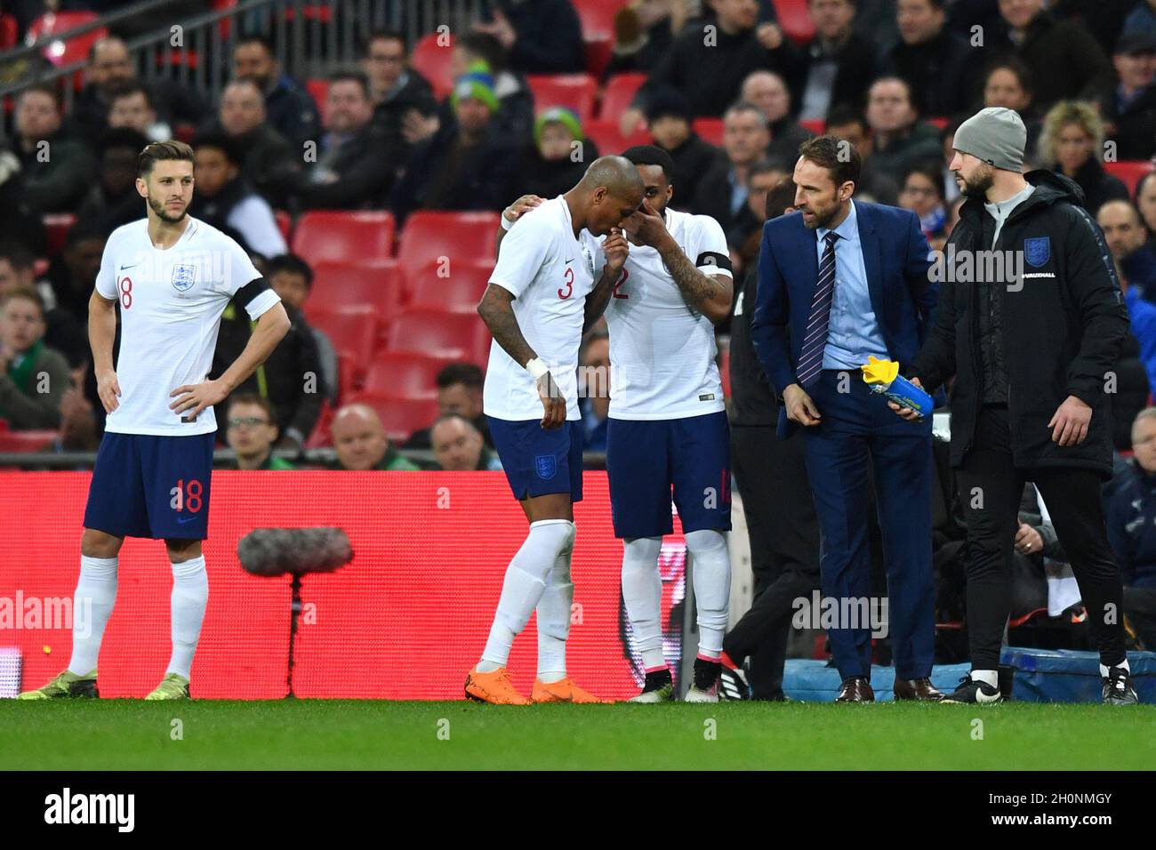 Ashley Young, inglese, parla con Danny Rose e Gareth Southgate, inglese manager, sulla linea di contatto Foto Stock