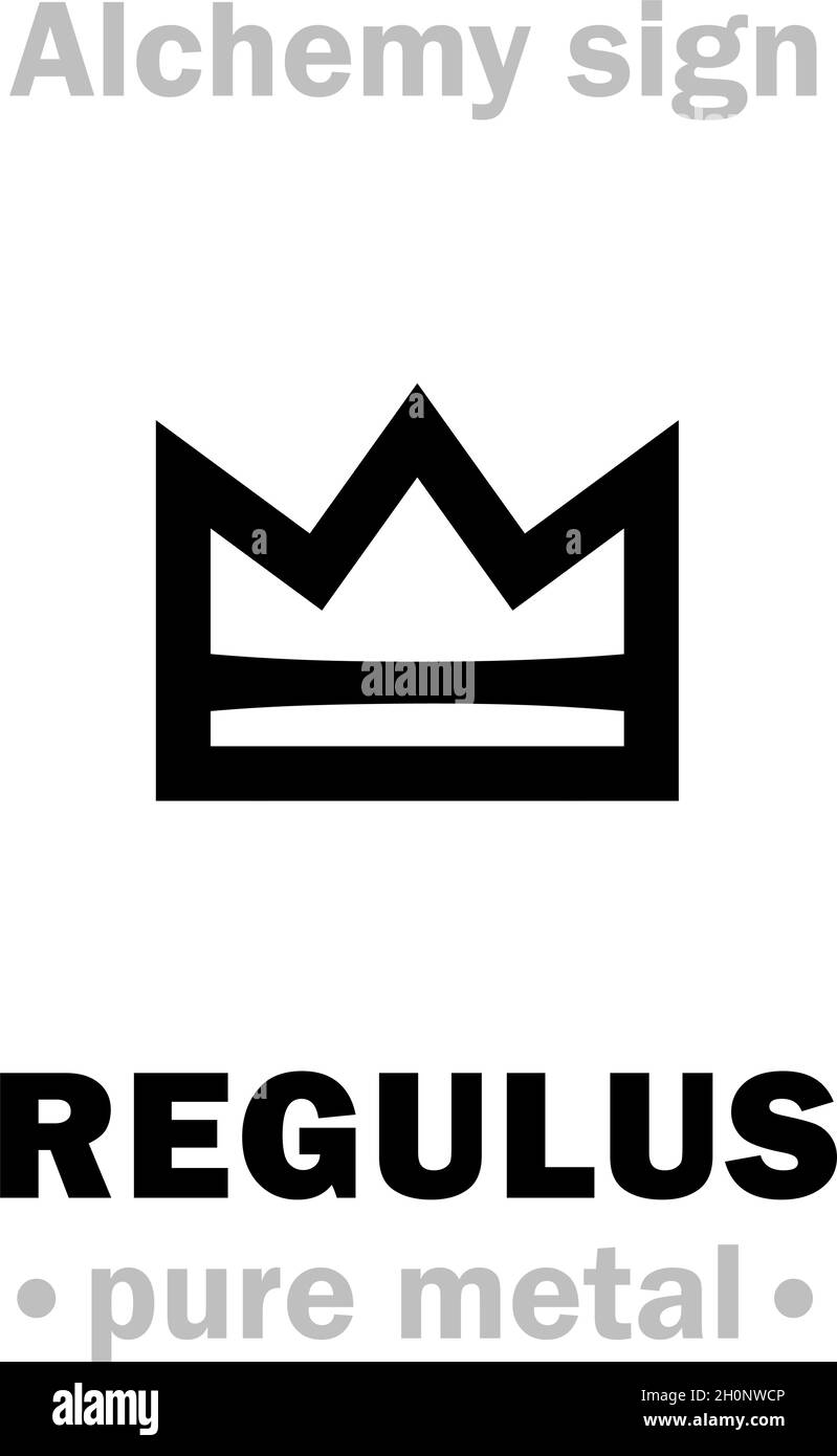 Alchimia Alphabet: REGULUS (latino: “kinglet”) — forma pura di metallo raffinato da minerale, prodotto finale di fusione di minerale metallico (in contrasto con il minerale impuro). Illustrazione Vettoriale