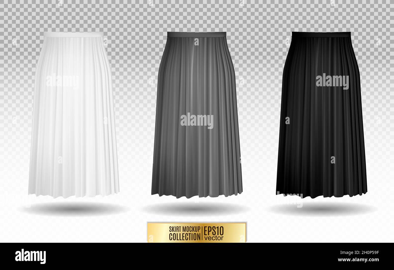 Illustrazione vettoriale di diversi modelli di gonna su sfondo trasparente. Modello di gonna pieghettata. Bianco, grigio e nero. Illustrazione Vettoriale