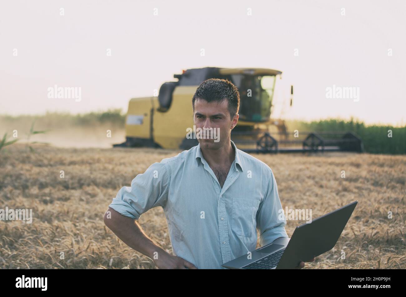 Giovane ingegnere contadino con computer portatile in posizione verticale sul campo del grano mentre la mietitrebbia lavora in background Foto Stock