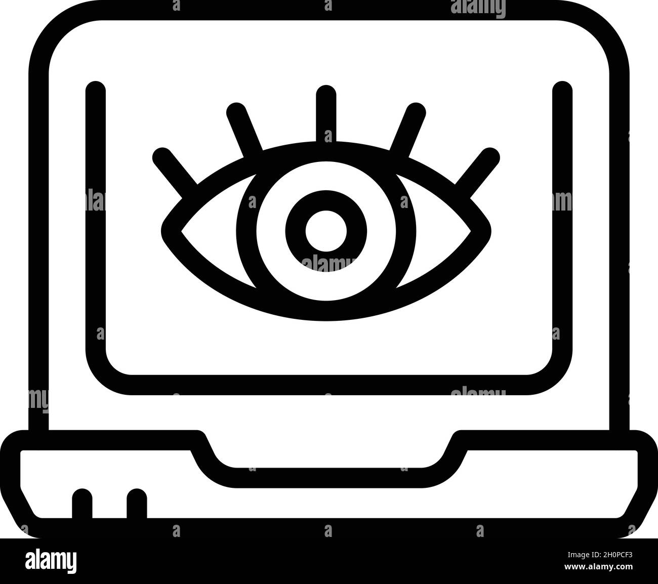 Vettore di contorno dell'icona della videocamera con codice laptop. Bloccare. Tasto Cyber Illustrazione Vettoriale