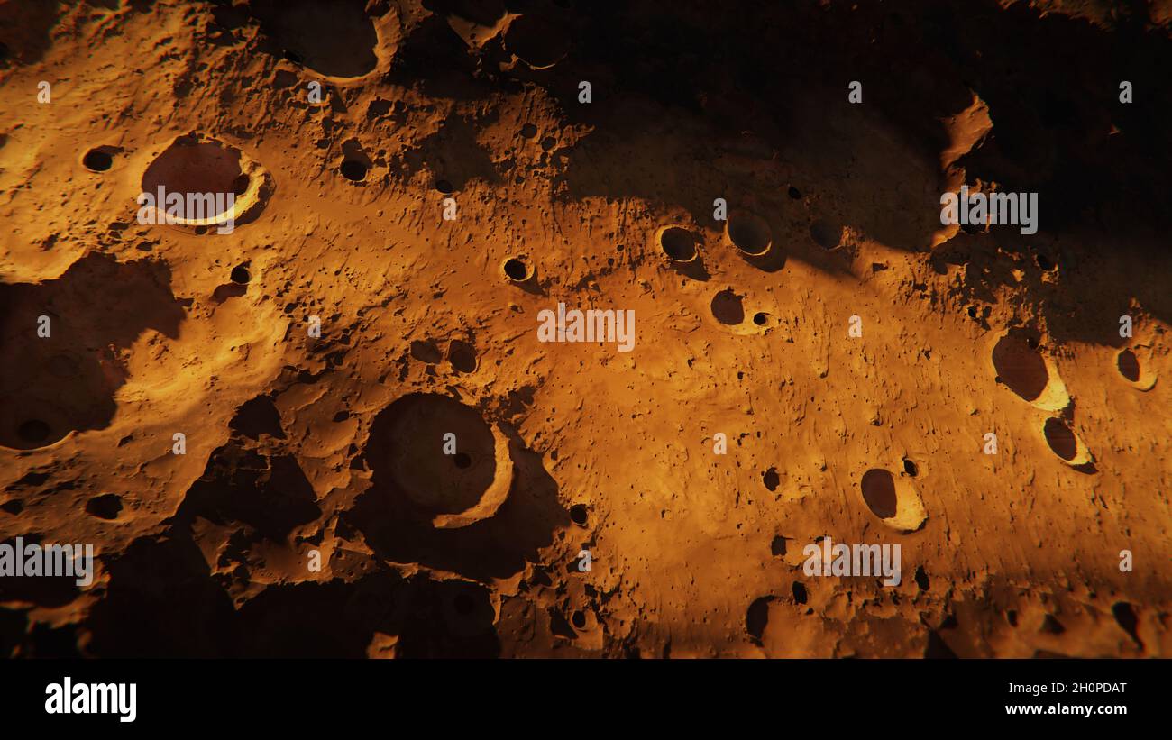 Paesaggio marziano, valle con molti crateri sul pianeta Marte Foto Stock