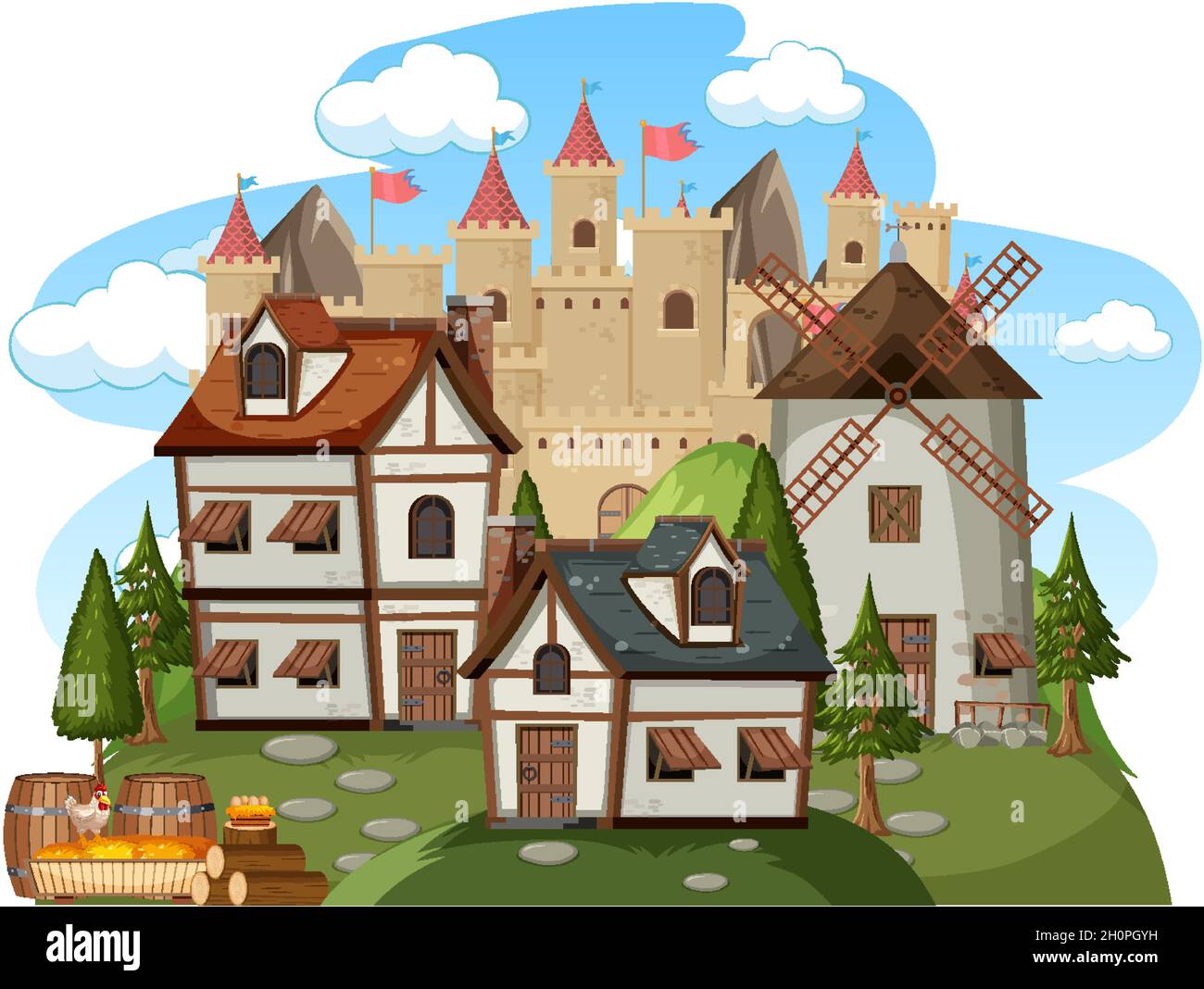 Scena medievale villaggio su sfondo bianco illustrazione Illustrazione Vettoriale