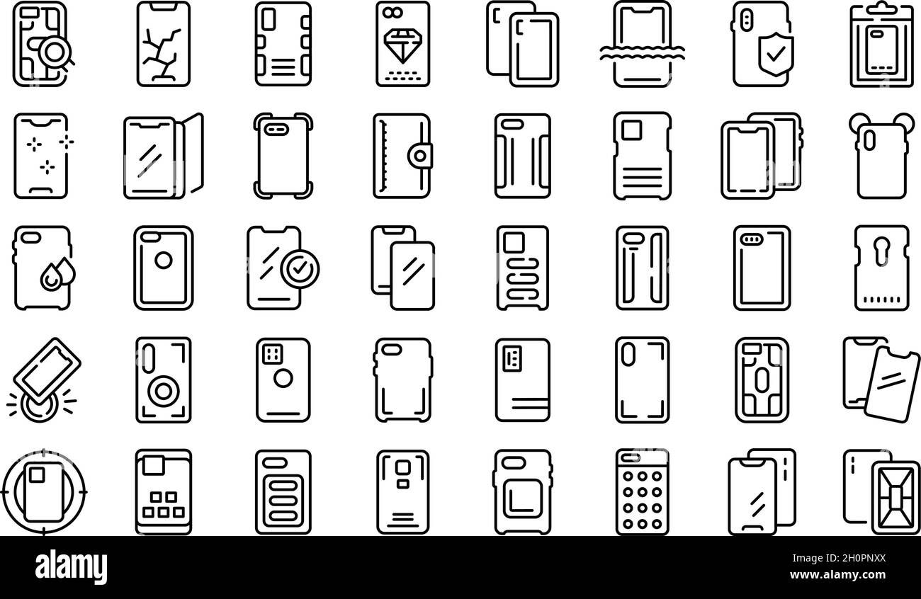 Le icone del caso dello smartphone impostano il vettore di contorno. Custodia di copertura. Urto del vetro Illustrazione Vettoriale